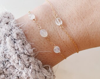Dainty Gemstone Chain Bracelet: Herkimer Diamond, Moonstone, Ruby
