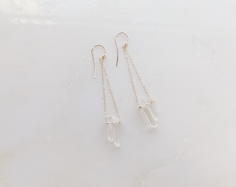 Double Quartz Earrings // 14k Gold Quartz  Earrings // Pendulum Jewelry // Long Quartz Earrings// Handmade in Indiana // Bohemian Bride