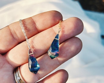 Diamond Cut Ammolite Necklace: Wire Wrapped Nebula Jewelry