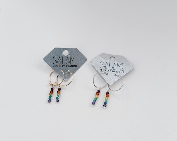 Mini Rainbow Hoop Earrings: Handmade Quartz Crystal Gemstone Jewelry