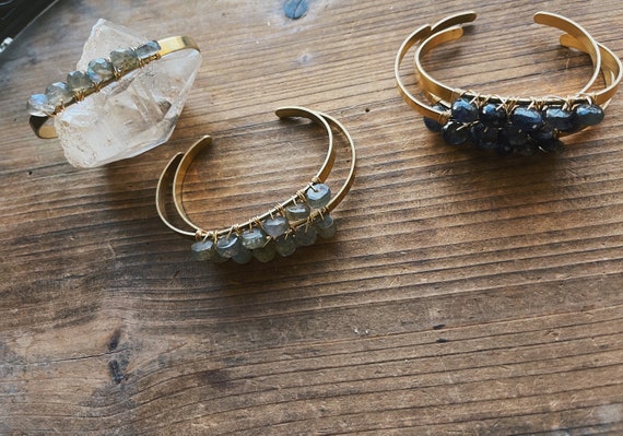 Gemstone Sparkle Cuff // Holiday Bracelet // Labradorite and Iolite Cuff Bangle // Martha Stewart Weddings // Crystal Cuff Bracelet / Salame
