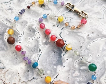 Rainbow Gemstone Chain Necklace: Vintage Gold Clasp, Colorful Beads