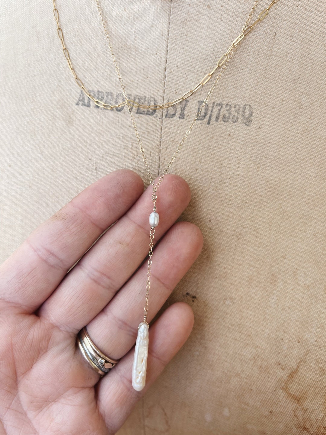Pearl Y Necklace // Small Lariat Gemstone Necklace // Pearl Necklace ...