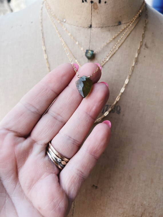 Peridot Cedar Tree // Shield Cut Gemstone Necklace //  by Rana Salame // Peridot Necklace // Green Gemstone Necklace // Quartz Crystal