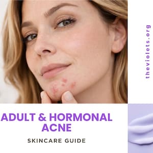 May include: A woman with blonde hair touches her chin, where several red pimples are visible. The text "ADULT & HORMONAL ACNE SKINCARE GUIDE" is displayed in purple. The website "theviolets.org" is also visible.