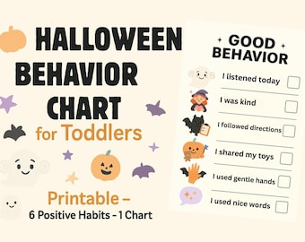 Op de afbeelding: Een Halloween gedragskaart voor peuters met illustraties van pompoenen, geesten en vleermuizen. De tekst luidt "Halloween Gedragskaart voor Peuters" en "Printbaar - 6 Positieve Gewoonten - 1 Kaart".