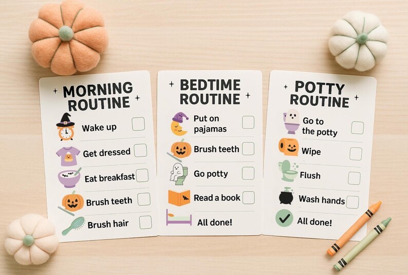 Op de afbeelding: Drie ge&iuml;llustreerde routinekaarten voor ochtend, bedtijd en zindelijkheidstraining, met selectievakjes. De kaarten bevatten Halloween-thema's en tekst. Decoratieve vilten pompoenen en kleurpotloden zijn ook aanwezig.