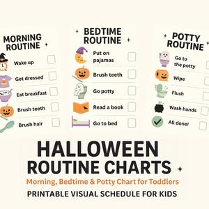 Printable Halloween routine charts for toddlers and preschoolers. Includes morning routine with tasks like wake up, get dressed, eat breakfast, brush teeth, bedtime routine with pajamas, potty, story, and sleep, plus potty training steps. Features cute Halloween icons like pumpkins, ghosts, and witch hats.