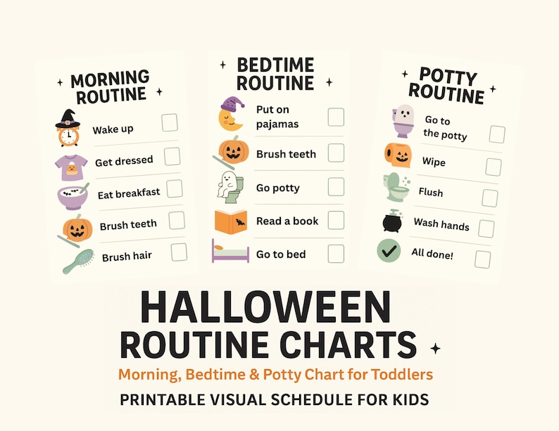 Printable Halloween routine charts for toddlers and preschoolers. Includes morning routine with tasks like wake up, get dressed, eat breakfast, brush teeth, bedtime routine with pajamas, potty, story, and sleep, plus potty training steps. Features cute Halloween icons like pumpkins, ghosts, and witch hats.