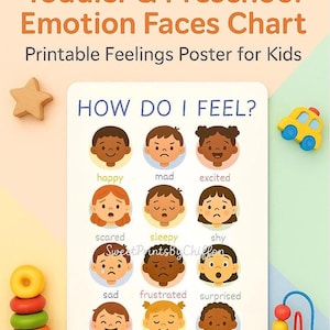 Può includere: Un grafico stampabile per bambini intitolato "Toddler & Preschool Emotion Faces Chart". Il grafico presenta illustrazioni di volti di bambini che esprimono varie emozioni, tra cui gioia, tristezza e rabbia. Sono visibili anche giocattoli di legno e un labirinto di perline.