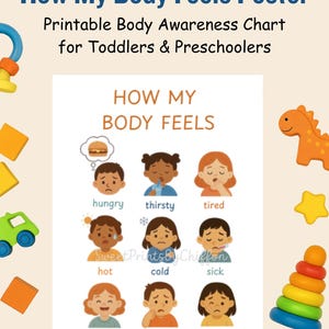 Puede incluir: Un póster imprimible titulado "How My Body Feels Poster" con el texto "Printable Body Awareness Chart for Toddlers & Preschoolers". El póster presenta ilustraciones de niños que expresan diferentes sentimientos, incluyendo hambre, sed, cansancio, calor, frío, enfermedad, bienestar, picazón y dolor.