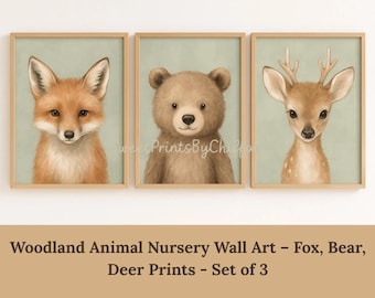 Watercolor Woodland Animal Prints: Bear, Fox, Deer Nursery Art (Digital Download)
