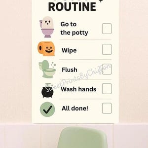 Op de afbeelding: Een potjesroutine-schema met illustraties en tekst, waaronder een toilet, een pompoen en een toiletpapierrol. De tekst luidt "Potty Routine" en somt stappen op zoals "Ga naar de pot" en "Was handen."