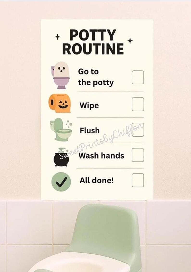 Op de afbeelding: Een potjesroutine-schema met illustraties en tekst, waaronder een toilet, een pompoen en een toiletpapierrol. De tekst luidt "Potty Routine" en somt stappen op zoals "Ga naar de pot" en "Was handen."