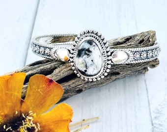 Sterling Silver White Buffalo Cuff Bracelet | Floral Stamp