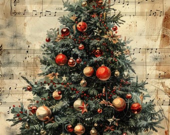 May include: A vintage-style illustration of a Christmas tree decorated with red and gold ornaments, topped with a star, and set against a background of musical notation. An open book with sheet music rests at the base of the tree trunk.