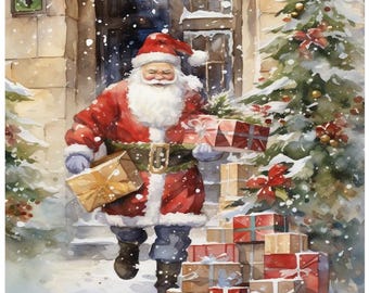 May include: Watercolor painting of Santa Claus in a red suit and hat, carrying wrapped gifts. He is walking in the snow near a decorated Christmas tree and a building with a door. The scene evokes a festive holiday atmosphere.