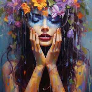 Puede incluir: Pintura artística de una mujer con los ojos cerrados, adornada con una vibrante corona floral. Su rostro está pintado con tonos azules, y sus manos enmarcan suavemente su rostro. La obra presenta una mezcla de colores, incluyendo naranja, morado y azul, creando una atmósfera onírica.