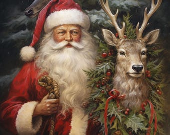 May include: A festive painting of Santa Claus in a red suit with white trim, holding a sack and rope. A deer with a wreath of greenery and berries stands beside him. Two other deer are in the background, all against a dark, evergreen backdrop.