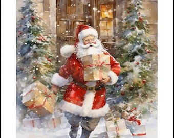 May include: Watercolor painting of Santa Claus in a red suit and hat, carrying wrapped gifts in a snowy scene. Christmas trees and a building with a lit window are in the background. Presents are scattered in the snow.