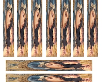 May include: A vintage-style image of the Virgin Mary holding a baby Jesus. The image is in a warm, golden color palette with a wooden frame. The image is repeated multiple times in a horizontal pattern.