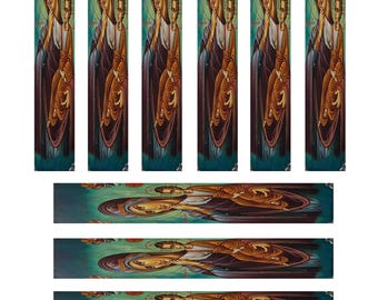 May include: A set of seven colorful, rectangular bookmarks featuring a religious icon of a woman holding a child. The woman is wearing a blue robe and a gold crown. The child is wearing a white robe. The background is a teal blue with gold accents.