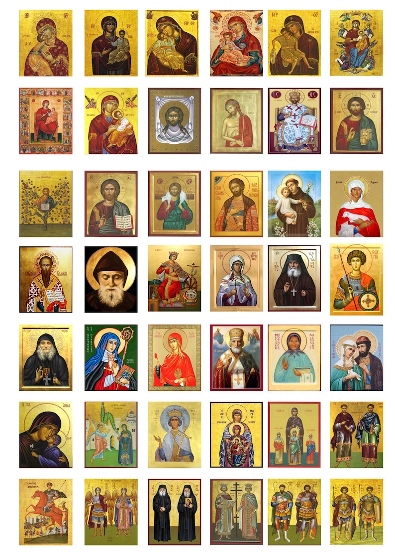 May include: A collection of 48 colorful religious icons featuring various saints, figures, and scenes from the Bible. The icons are painted in a traditional style with gold backgrounds and intricate details.