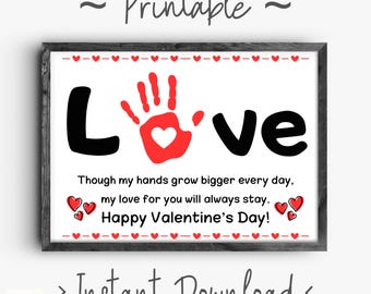 Manualidad imprimible con huella de mano para San Valentín / Regalo de San Valentín para preescolares / Arte con huella de mano para niños / Recuerdo de San Valentín / Descarga instantánea