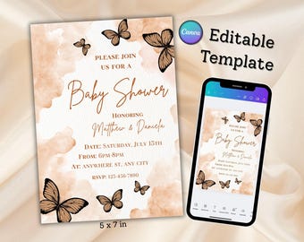 Plantilla de invitación para baby shower con diseño de mariposa: editable, tamaño 5x7, imprimible en Canva (descarga digital)