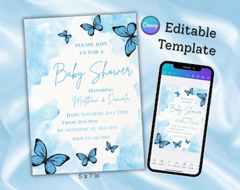 Invitación de Baby Shower con Mariposa Azul: Plantilla editable de Canva (Descarga digital de 13 x 18 cm)