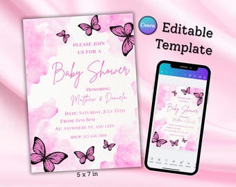 Plantilla de invitación para baby shower con mariposa rosa: Invitación editable en Canva (descarga digital de 13 x 18 cm)