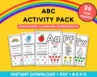 Paquete de actividades preescolares del ABC: Trazar, colorear y contar el alfabeto (hojas de trabajo descargables en PDF)