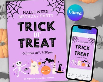Invitación de cumpleaños de Halloween editable/Plantilla de Canva para fiesta de dulces/Descarga digital