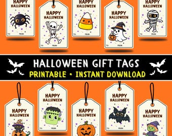 Etiquetas de regalo de Halloween / Etiquetas de obsequios de truco o trato (Descarga PDF)