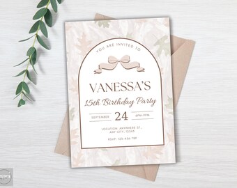 Invitación de cumpleaños con estampado de camuflaje otoñal: lazo neutro, estilo rústico (plantilla digital de 5 x 7 pulgadas)