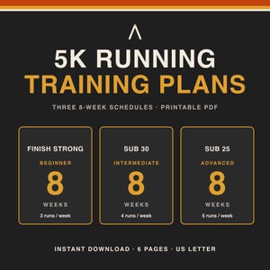 May include: A digital document titled 5K RUNNING TRAINING PLANS with three 8-week schedules in a printable PDF format. It includes a beginner Finish Strong plan, an intermediate Sub 30 plan, and an advanced Sub 25 plan, all on US Letter size.