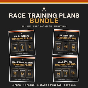 Puede incluir: Un paquete digital de planes de entrenamiento de carrera que incluye programas para 5K, 10K, media maratón y maratón. El gráfico negro y naranja muestra 12 planes PDF imprimibles con varias duraciones y niveles, incluyendo opciones de 8, 10, 12 y 16 semanas.