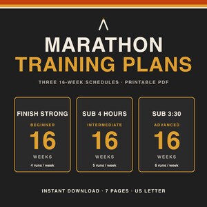 Pode incluir: Um documento digital intitulado MARATHON TRAINING PLANS apresentando três cronogramas de 16 semanas em formato PDF imprimível. O layout inclui seções para níveis iniciante, intermediário e avançado com frequências de corrida por semana.