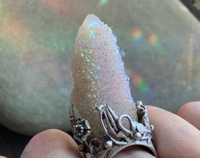 Large Statement Ring, Angel Aura Spirit Quartz Ring, Cactus Quartz Gemstone, Opal Aura, adjustable from US size 5-9