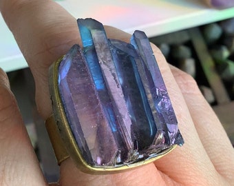AQUA AURA Crystal Ring, Genuine Aura Crystals, bronze tone adjustable statement ring