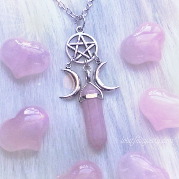 Triple Goddess Crystal point pentacle necklace, moon phases, wiccan jewelry, Amethyst, Opalite, Rose Quartz, Obsidian, you choose