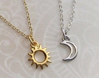 Sun and Moon friendship necklaces, Dainty, Minimalist Jewelry, Silver and Gold sisters jewelry