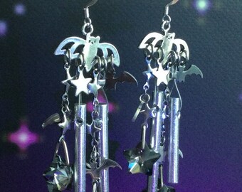 Bat Earrings, miniature wind chime silver dangle earrings, long spooky cute halloween earrings