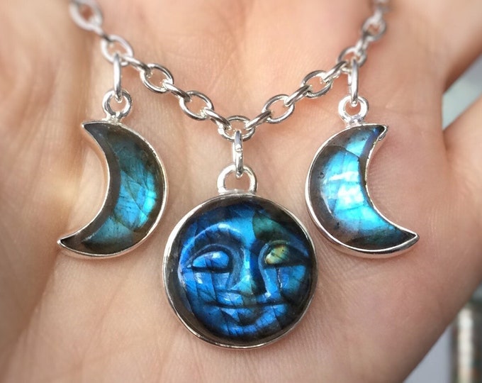 Triple Goddess Moon face necklace, Labradorite Gemstone Crescent Moon phase, Hecate, Moonchild Wiccan jewelry,  (C)