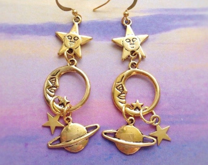 Moon Star Saturn Earrings, Long Dangly Gold or Silver Celestial Charm jewelry, 90s boho aesthetic