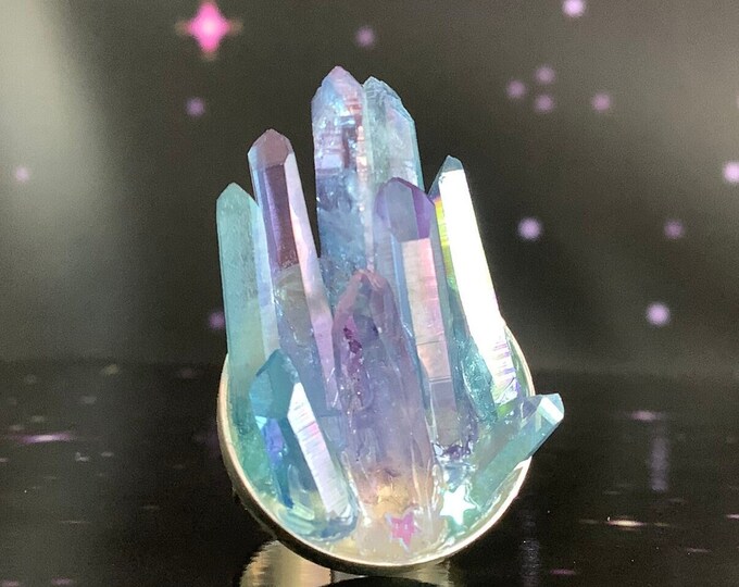 Crystal Ring, Aqua Aura, Tanzine Aura and Vera Cruz Amethyst Crystal Quartz druzy ring