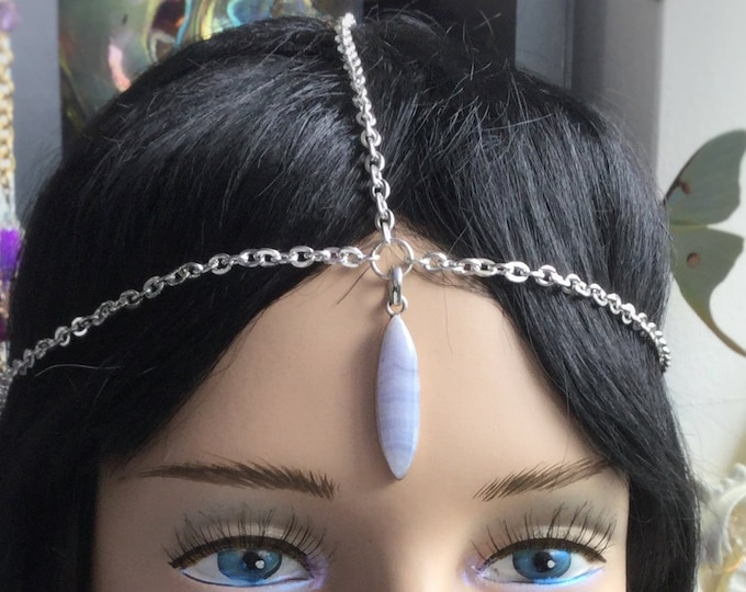 Blue Lace Agate Head Chain, Bridal headpiece, hair jewelry, Third Eye Gemstone Meditation aide