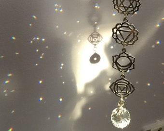 Chakra Crystal Suncatcher window hanger, 13” Om Rainbow maker, your choice of silver or gold, meditation room, decoration