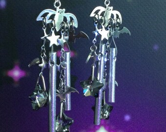 Bat Earrings, miniature wind chime silver dangle earrings, long spooky cute halloween earrings