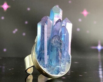 Large Crystal Ring, Blue Tanzine Aura Quartz, Aqua Aura Crystal Quartz druzy ring